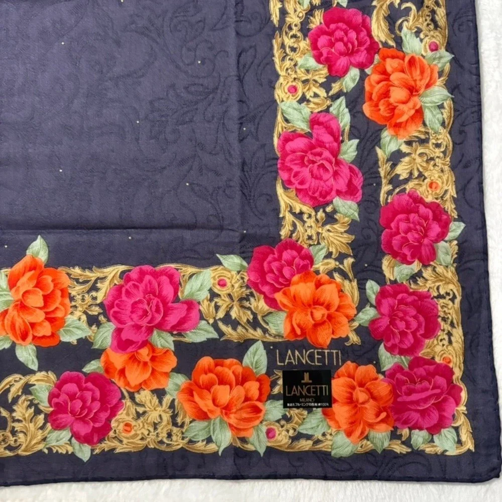Vtg LANCETTI Scarf Handkerchief Floral Rose Cotton Navy Blue 20.5